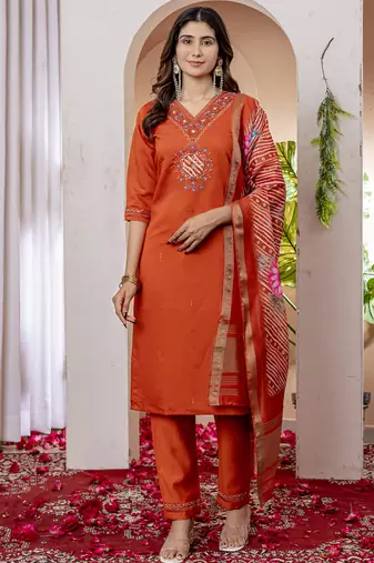 Orange viscose silk thread embroidered designer salwar suit