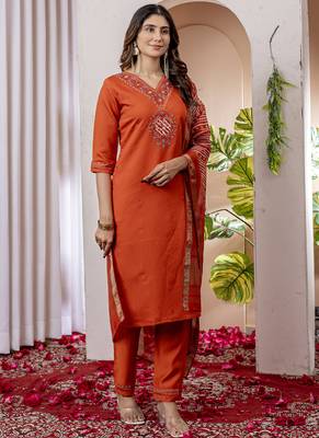 Orange viscose silk thread embroidered salwar suit 2