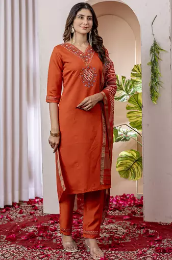 Orange viscose silk thread embroidered salwar suit