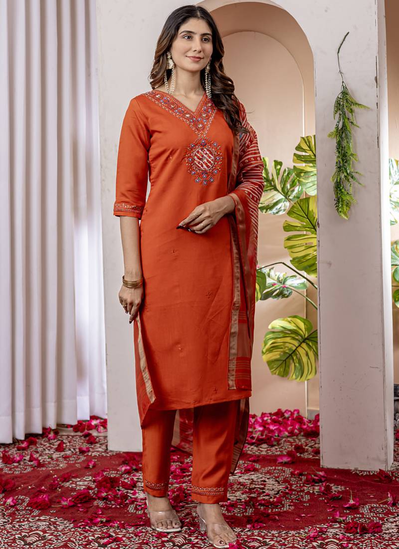 Orange viscose silk thread embroidered designer salwar suit