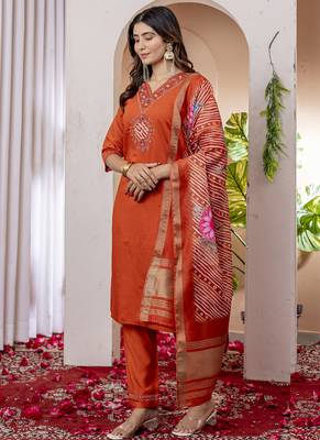 Orange viscose silk thread embroidered salwar suit 3