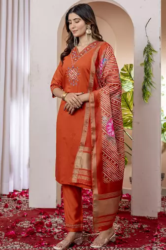 Orange viscose silk thread embroidered salwar suit