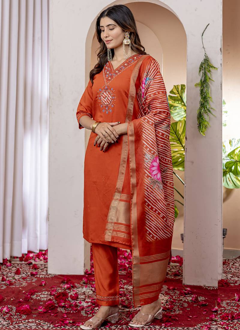Orange viscose silk thread embroidered designer salwar suit