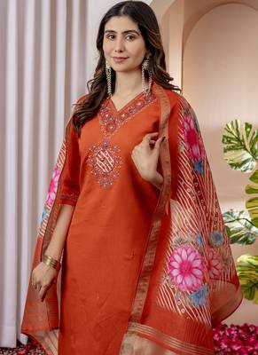 Orange viscose silk thread embroidered salwar suit 4