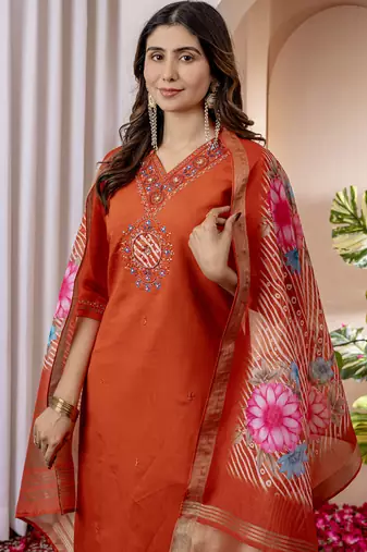 Orange viscose silk thread embroidered salwar suit