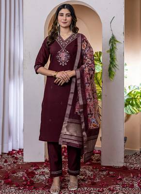 Wine viscose silk thread embroidered salwar suit 1