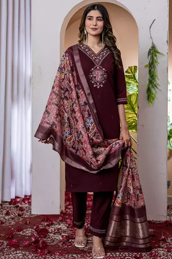Wine viscose silk thread embroidered salwar suit