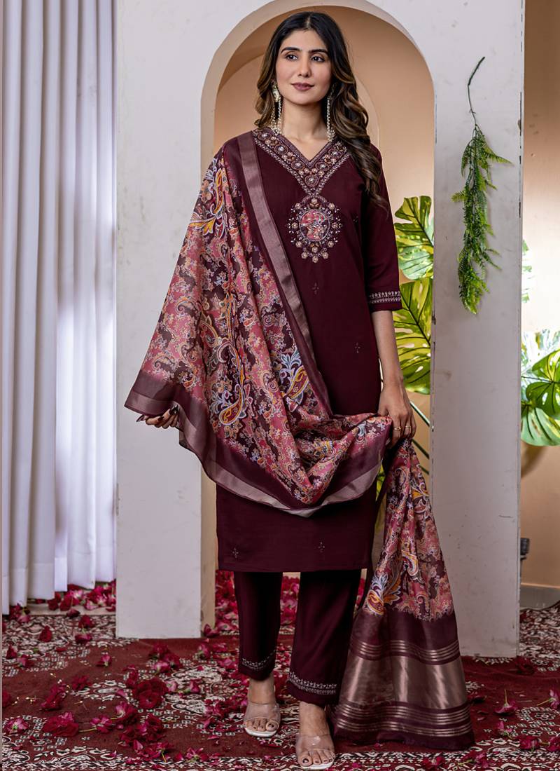 Wine viscose silk thread embroidered designer salwar suit