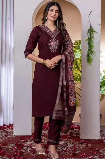 Wine viscose silk thread embroidered salwar suit