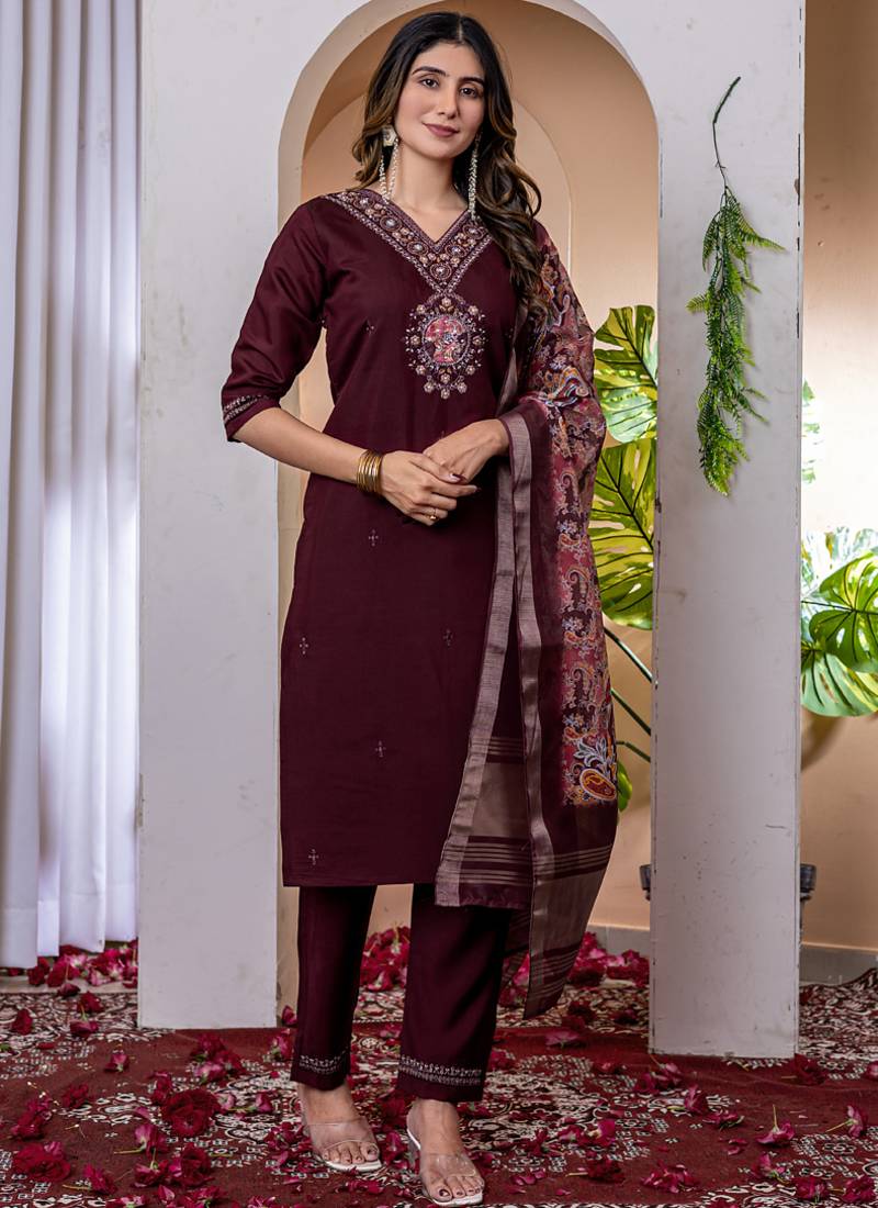 Wine viscose silk thread embroidered designer salwar suit
