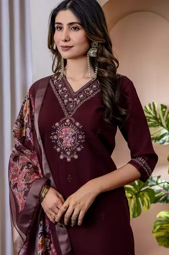 Wine viscose silk thread embroidered salwar suit