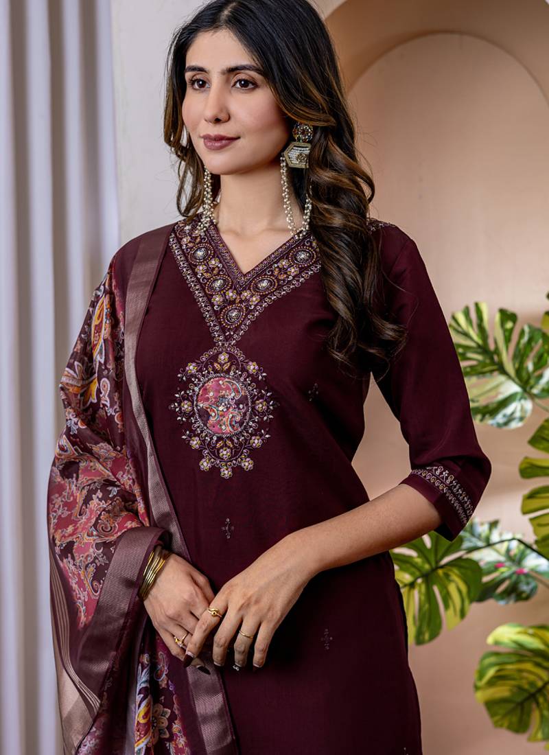 Wine viscose silk thread embroidered designer salwar suit