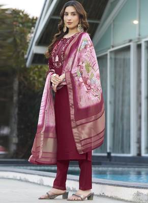 Maroon viscose silk thread embroidered salwar suit 1