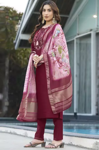 Maroon viscose silk thread embroidered designer salwar suit