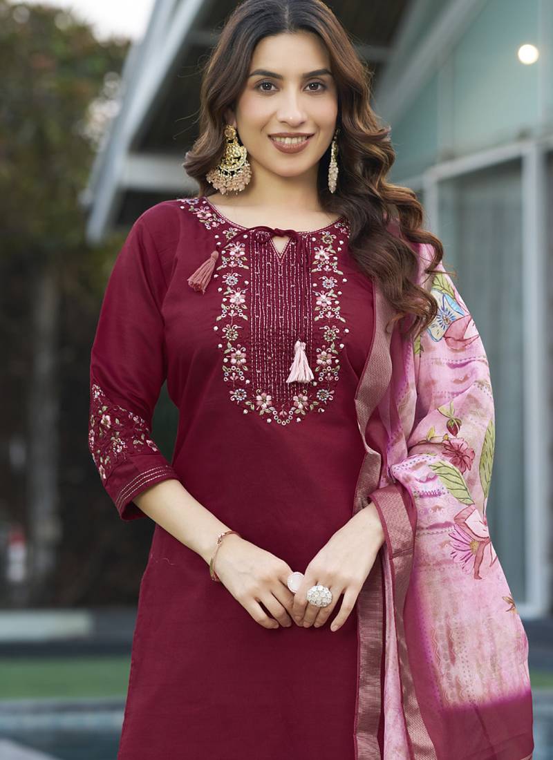 Maroon viscose silk thread embroidered designer salwar suit