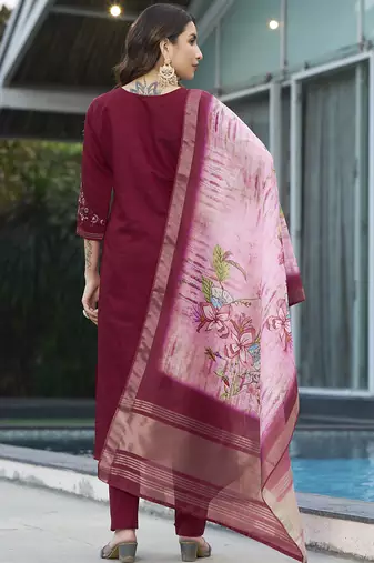 Maroon viscose silk thread embroidered salwar suit