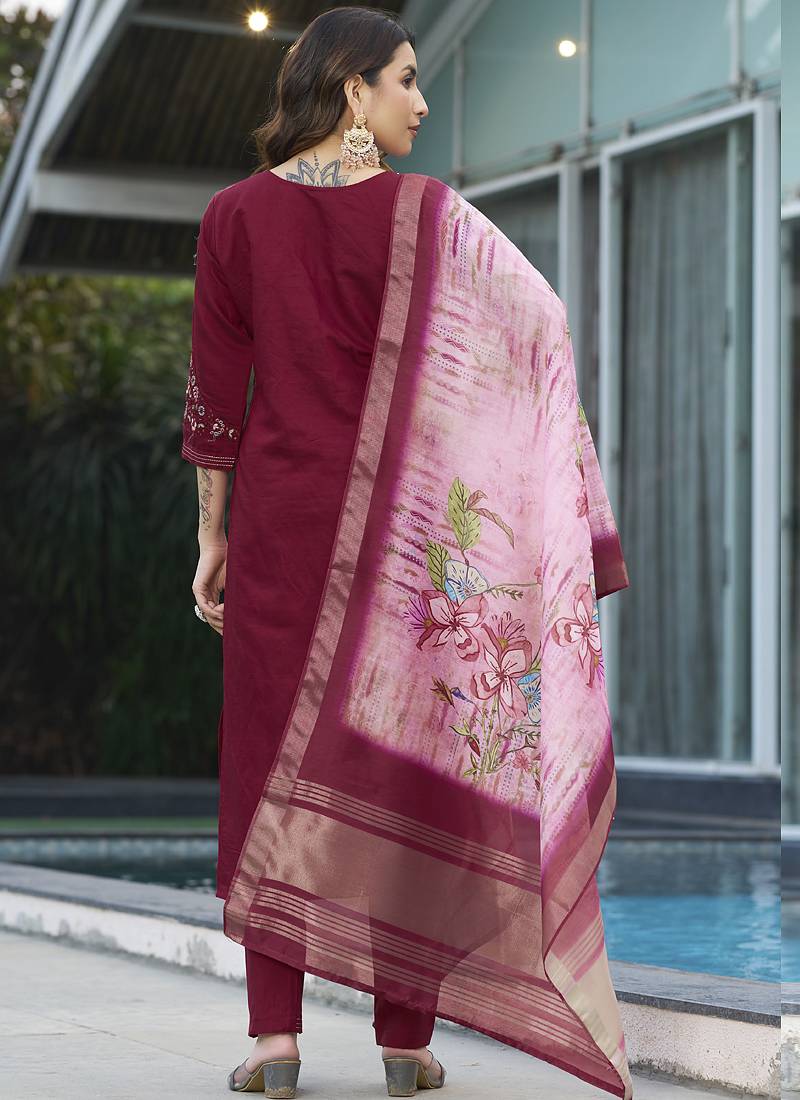 Maroon viscose silk thread embroidered designer salwar suit