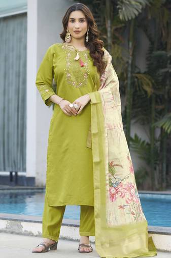 Parrot green viscose silk thread embroidered designer salwar suit