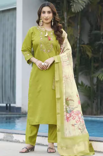 Parrot green viscose silk thread embroidered designer salwar suit