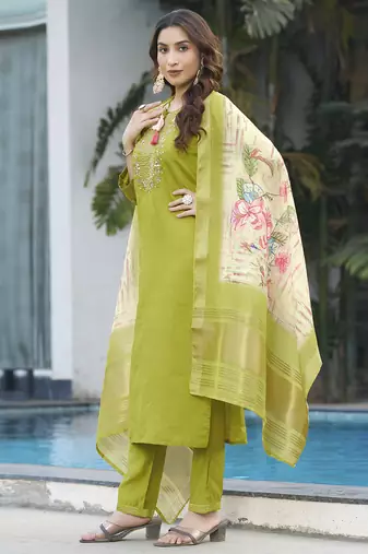 Parrot green viscose silk thread embroidered salwar suit