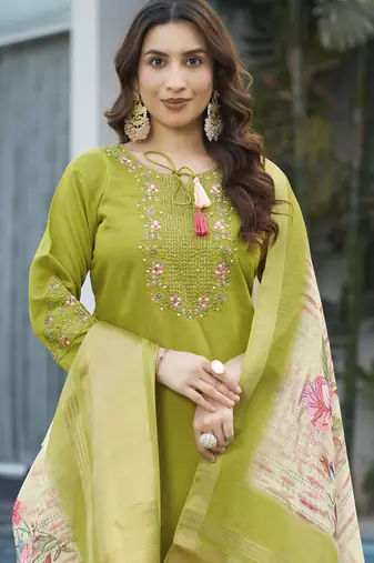 Parrot green viscose silk thread embroidered salwar suit