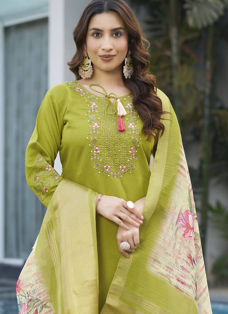 Parrot green viscose silk thread embroidered designer salwar suit