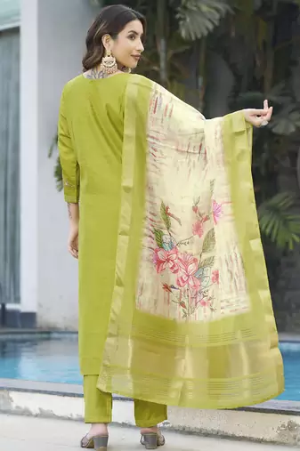 Parrot green viscose silk thread embroidered salwar suit