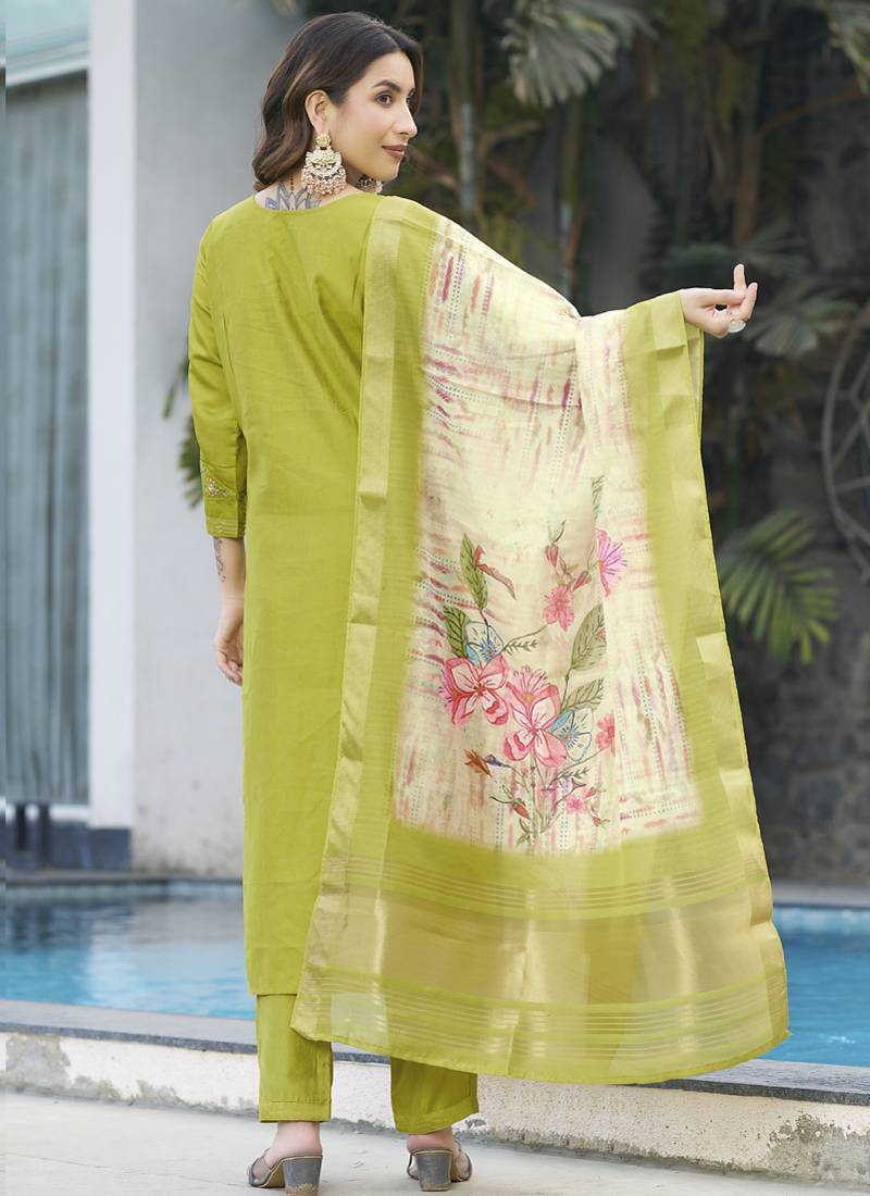 Parrot green viscose silk thread embroidered designer salwar suit
