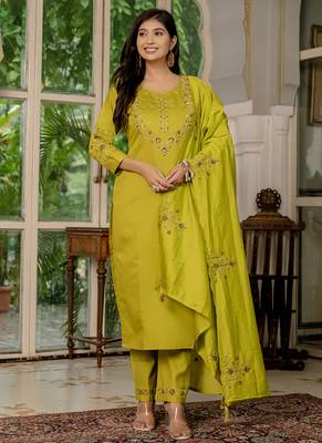 Mustard marina silk thread embroidered salwar suit 1