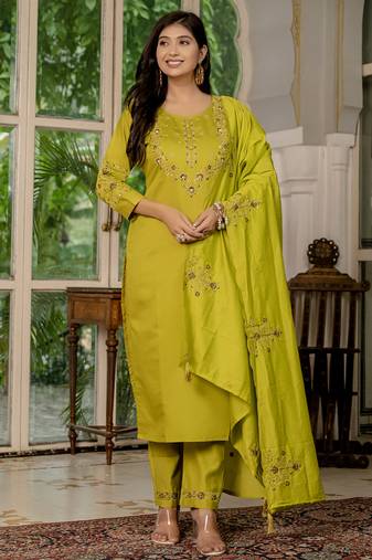 Mustard marina silk thread embroidered designer salwar suit