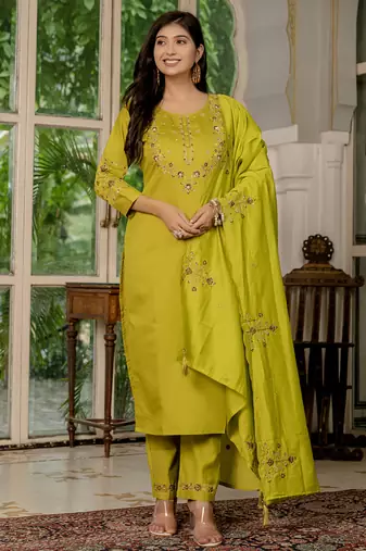 Mustard marina silk thread embroidered designer salwar suit