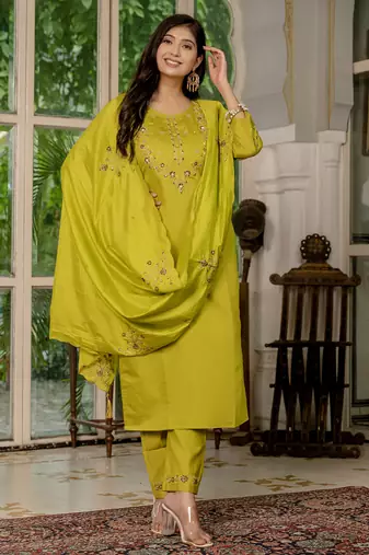 Mustard marina silk thread embroidered salwar suit