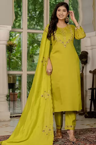 Mustard marina silk thread embroidered salwar suit