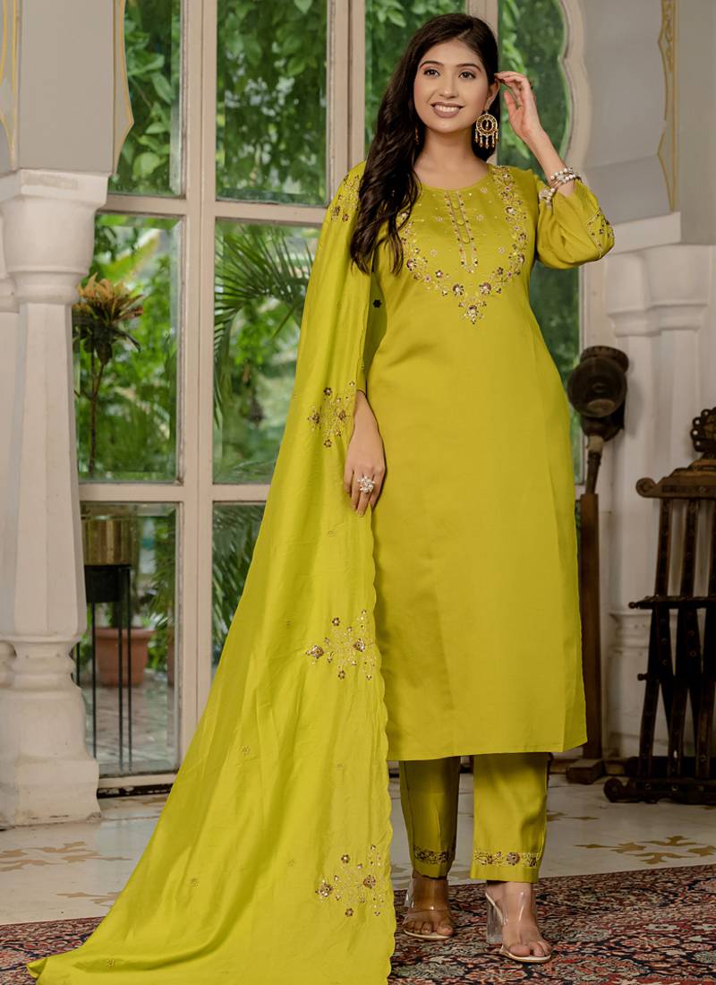Mustard marina silk thread embroidered designer salwar suit