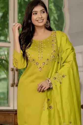 Mustard marina silk thread embroidered salwar suit