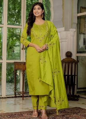 Parrot green marina silk thread embroidered salwar suit 1