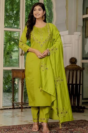 Parrot green marina silk thread embroidered designer salwar suit