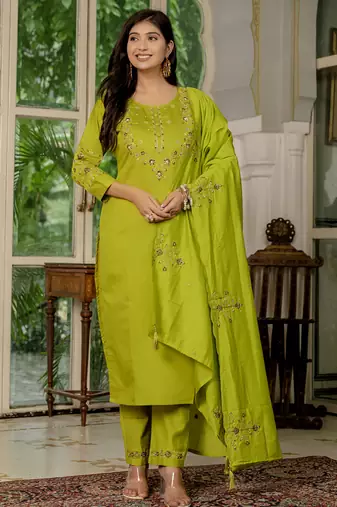 Parrot green marina silk thread embroidered designer salwar suit
