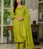 Parrot green marina silk thread embroidered designer salwar suit