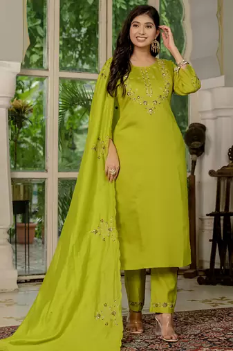 Parrot green marina silk thread embroidered salwar suit