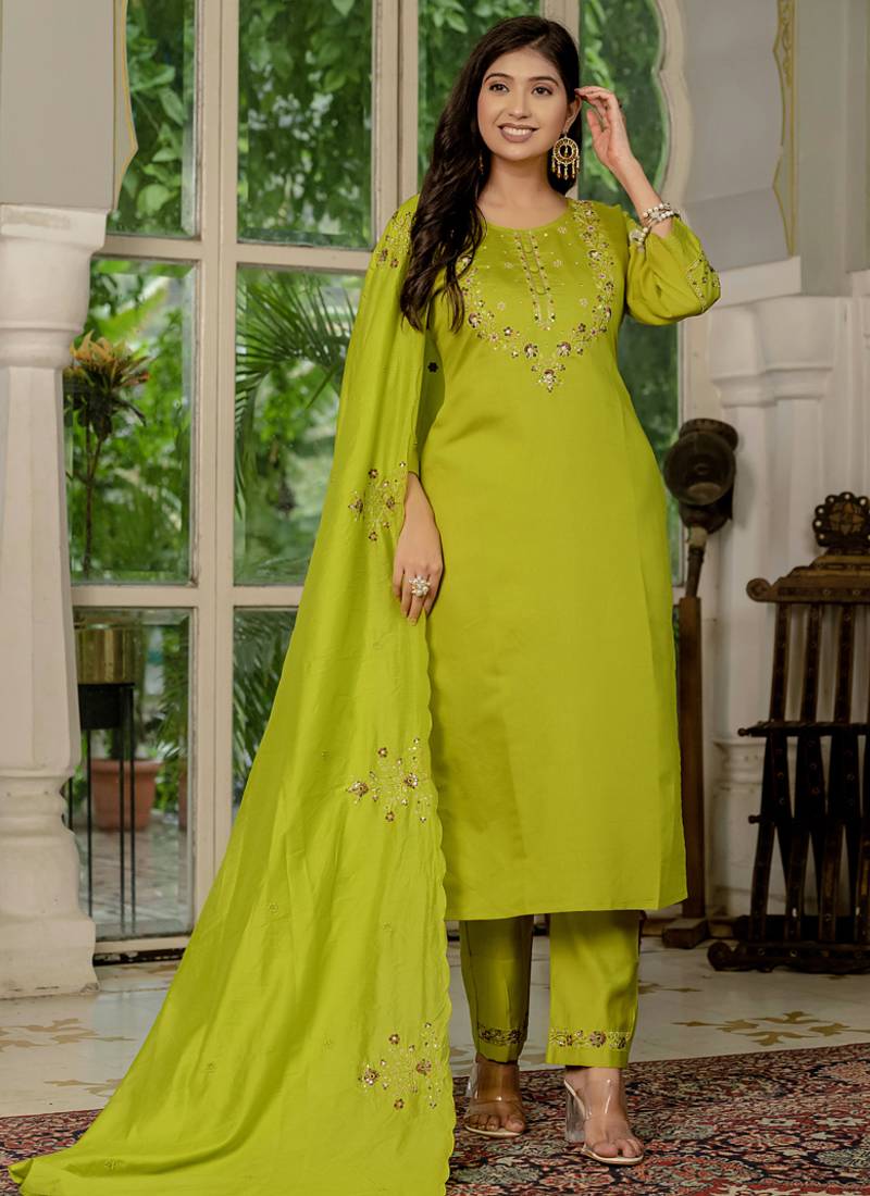 Parrot green marina silk thread embroidered designer salwar suit