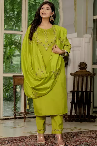 Parrot green marina silk thread embroidered salwar suit