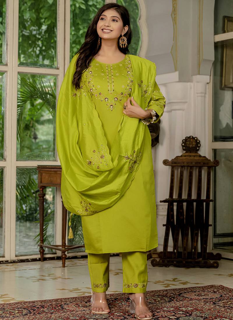 Parrot green marina silk thread embroidered designer salwar suit