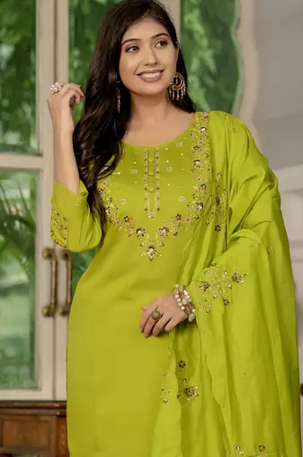 Parrot green marina silk thread embroidered salwar suit