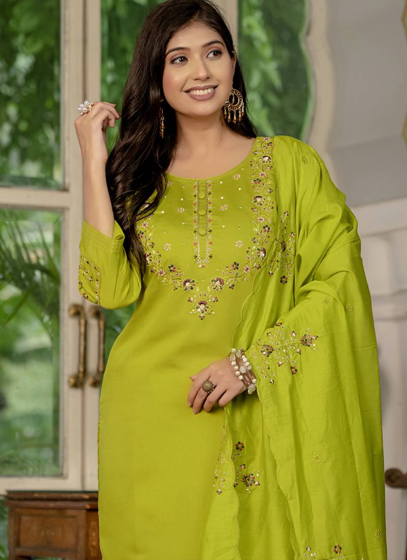 Parrot green marina silk thread embroidered designer salwar suit