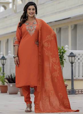 Orange roman silk embroidered sequin salwar suit 1