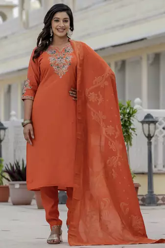 Orange roman silk embroidered sequence designer salwar suit