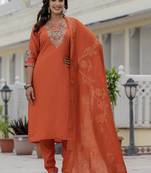 Orange roman silk embroidered sequence designer salwar suit