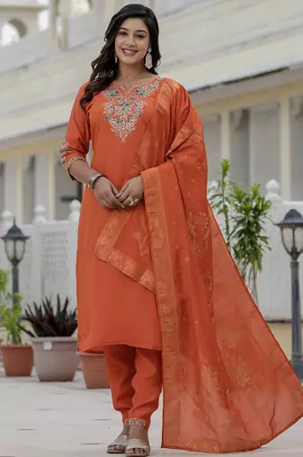 Orange roman silk embroidered sequin salwar suit