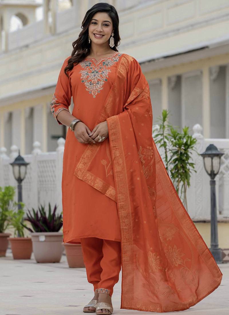 Orange roman silk embroidered sequence designer salwar suit